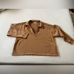 Madewell Women's Tan Cotton-Hemp Oversized Polo Sweatshirt V Neck